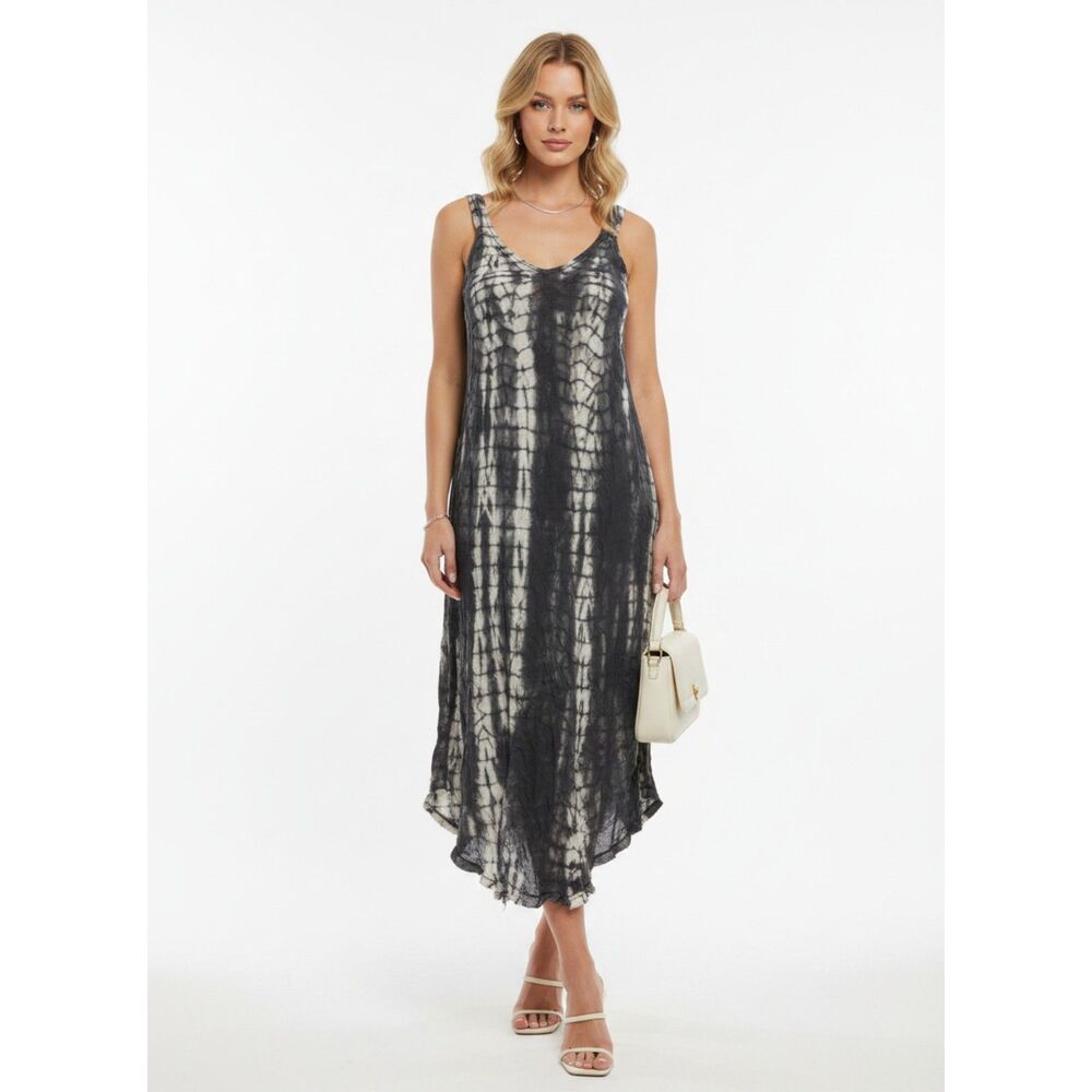 Island Beach Gray & Cream Tie Dye Print Sleeveless Midi Dress S/M